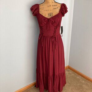 NWT Trixxi Midi Dress Women Size L Burgundy Lace-Up Detail Smocked Back